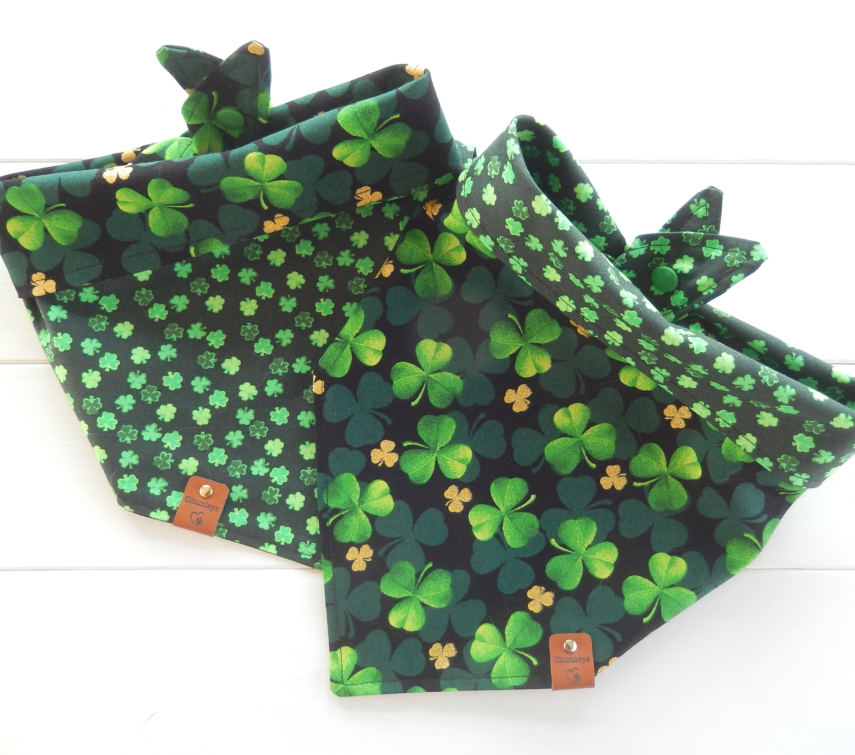 Reversible St Patricks Day Dog Bandana Shamrock Scarf, Tie & Snap