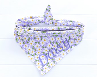 Personalized Lilac Daisy Dog Bandana: Embroidered Tie & Snap Floral Scarf, Custom Name