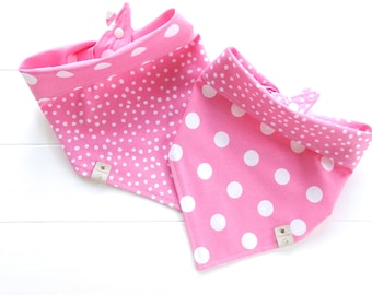 Reversible Dog Bandana - Pink Polka Dot Bandana - Tie & Snap Dog Bandana - Dog Scarf - Dog Gift - Dog Neckerchief - Pink and White