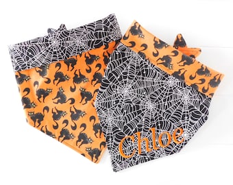 Personalized Halloween Dog Bandana: Reversible Scaredy Cat & Spider Web
