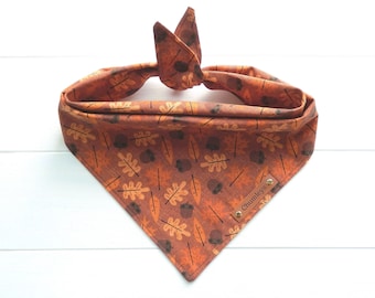 Fall Dog Bandana, Tie & Snap Dog Scarf, Acorns and Leaves, Rust Brown