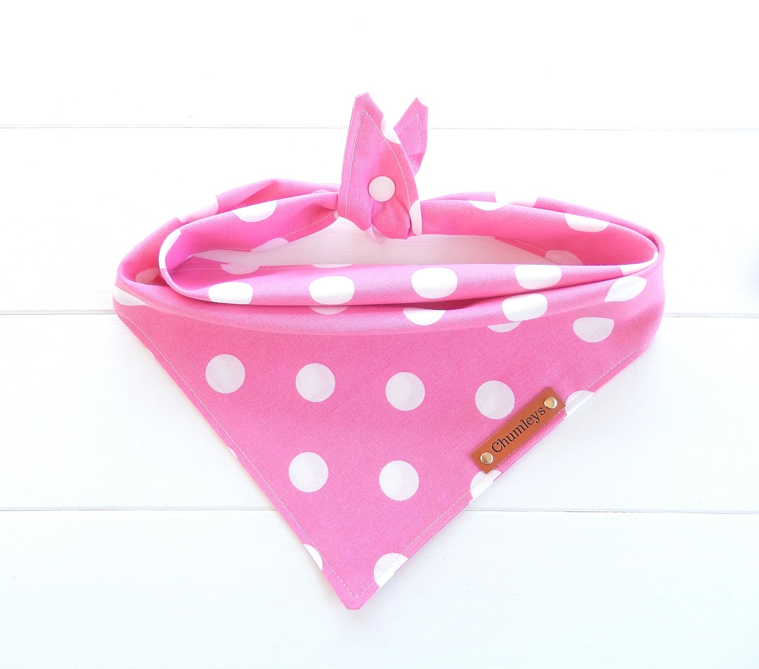 Pink Dog Bandana Polka Dot Bandana Tie & Snap Bandana Pink White Dog