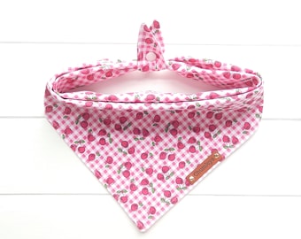 Cherry Dog Bandana: Pink Check Cotton Tie & Snap Summer Bandana