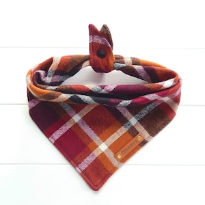 Fall Plaid Dog Bandana Flannel Rust Magenta Black Tie & Snap Bandana Puppy Bandana Gift