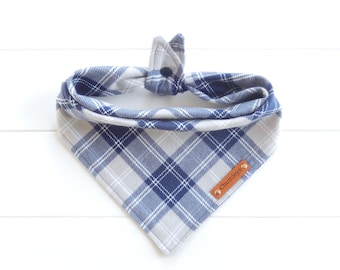 Blue and Gray Plaid Flannel Dog Bandana: Tie & Snap Style