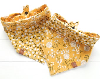 Reversible Floral Dog Bandana: Mustard Yellow Cotton Scarf, Tie & Snap