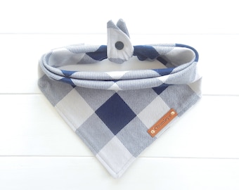 Navy Blue Buffalo Check Dog Bandana: Flannel Tie & Snap Dog Scarf