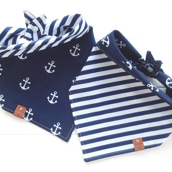 Nautical Dog Bandana Reversible - Navy Blue and White Stripe Bandana - Tie & Snap Dog Bandana - Anchor Dog Scarf - Dog Gift - Dog Mom