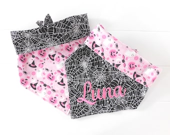 Pink Reversible Halloween Dog Bandana, Tie & Snap, Personalized, Embroidered, Spider Web Dog Scarf