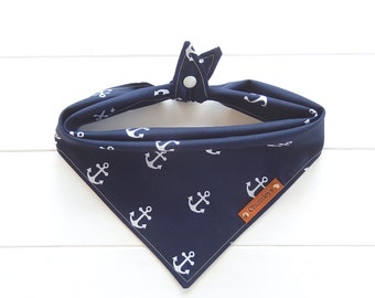 Nautical Dog Bandana, Boating Sailing, Tie & Snap Dog Scarf, Anchor, Navy Blue and White