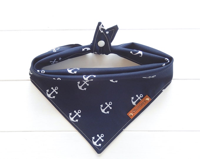 Nautical Dog Bandana, Boating Sailing, Tie & Snap Dog Scarf, Anchor, Navy Blue and White