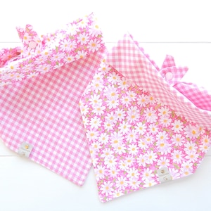 Reversible Dog Bandana - Pink Daisy Floral / Flower Bandana - Tie & Snap Dog Bandana - Dog Scarf - Dog Gift - Dog Neckerchief - Pink Check