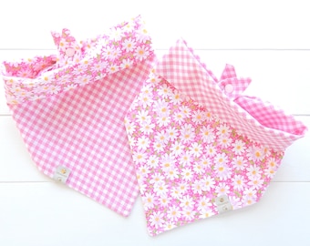 Reversible Dog Bandana - Pink Daisy Floral / Flower Bandana - Tie & Snap Dog Bandana - Dog Scarf - Dog Gift - Dog Neckerchief - Pink Check