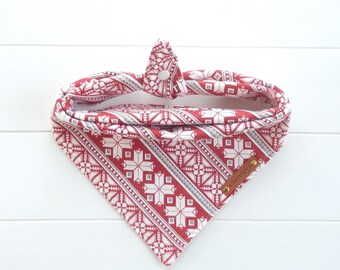 Christmas Dog Bandana, Red and White Flannel, Tie and Snap