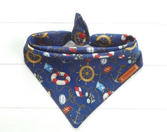 Nautical Dog Bandana Boating Dog Bandana Beach  Bandana Tie & Snap Bandana Anchor, Ships Wheel Summer Bandana