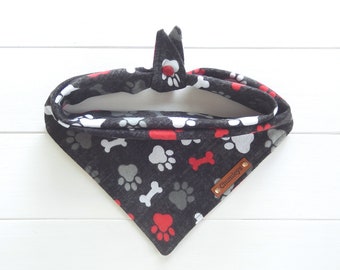 Flannel Dog Bandana: Paw Prints and Bones, Tie and Snap