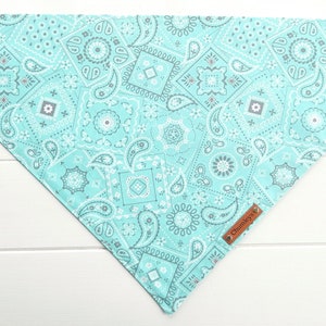 May include: A turquoise bandana with a white paisley pattern and a brown leather label that says "Chunky's".