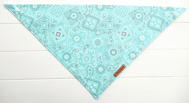 May include: A turquoise bandana with a white paisley pattern and a brown leather label that says "Chunky's".