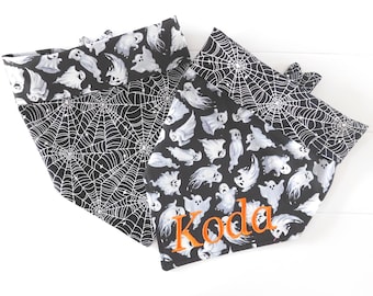 Personalized Reversible Halloween Dog Bandana, Tie & Snap, Embroidered, Spider Web, Spooky Ghost