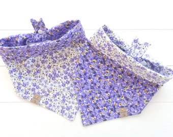 Purple Dog Bandana Reversible, Floral, Flower, Scarf, Tie & Snap, Puppy Gift, Pet Clothing