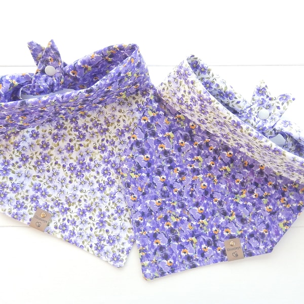 Purple Dog Bandana Reversible, Floral, Flower, Scarf, Tie & Snap, Puppy Gift, Pet Clothing