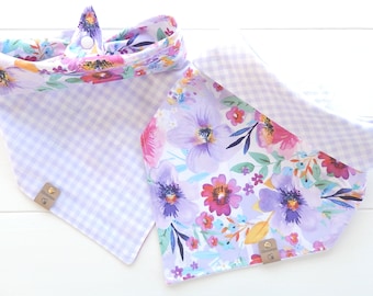 Reversible Dog Bandana - Purple Lilac Floral / Flower Bandana - Tie & Snap Dog Bandana - Dog Scarf - Dog Gift - Girl Dog Bandana