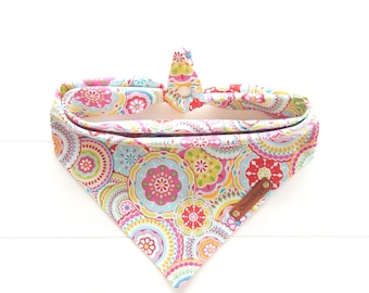 Floral Medallion Dog Bandana: Tie & Snap Cotton Scarf