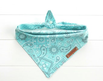 Aqua Paisley Dog Bandana: Cotton Tie & Snap Summer Pet Scarf