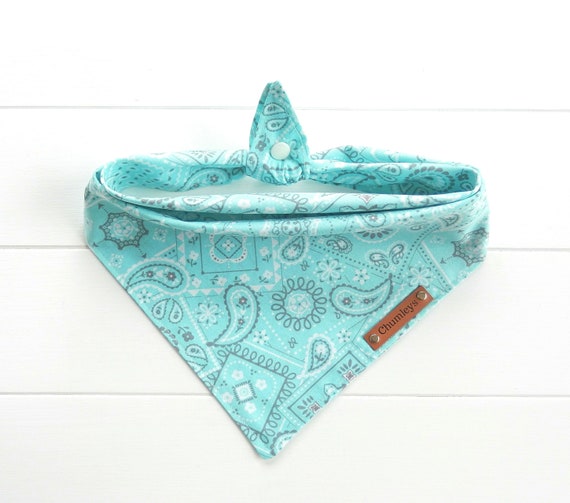Aqua Paisley Dog Bandana: Cotton Tie & Snap Summer Pet Scarf