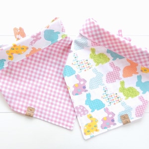 Easter Dog Bandana in a Bunny Pattern and Pink Check, Reversible, Tie & Snap, 100% Cotton, Puppy Gift, Pet Clothes, Scarf