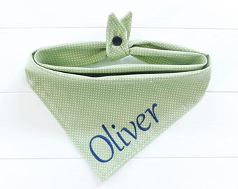 Personalized Sage Green Dog Bandana: Embroidered Tie & Snap Polka Dot Scarf, Custom Name