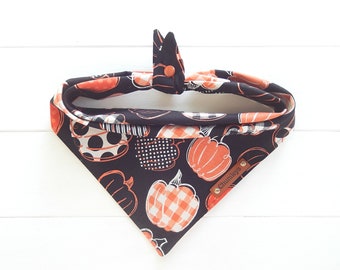 May include: Black and orange dog bandana with a pumpkin pattern and the text "Chumleys" on a brown leather tag.