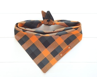 Fall Plaid Dog Bandana, Orange & Gray, Tie and Snap