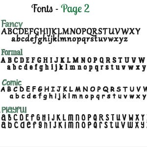 Puede incluir: Un fondo blanco muestra ejemplos de fuentes. El texto "Fonts - Page 2" est&aacute; en la parte superior. Se muestran cuatro estilos de fuente: Fancy, Formal, Comic y Playful, cada uno con alfabetos may&uacute;sculas y min&uacute;sculas.
