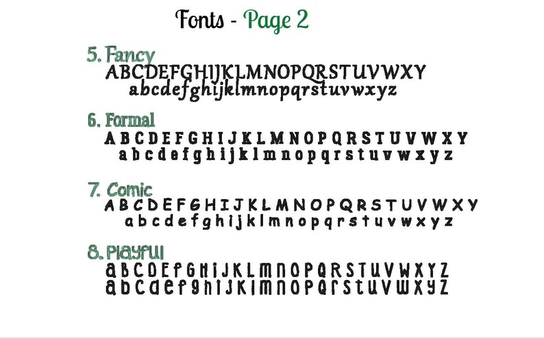 Puede incluir: Un fondo blanco muestra ejemplos de fuentes. El texto "Fonts - Page 2" est&aacute; en la parte superior. Se muestran cuatro estilos de fuente: Fancy, Formal, Comic y Playful, cada uno con alfabetos may&uacute;sculas y min&uacute;sculas.