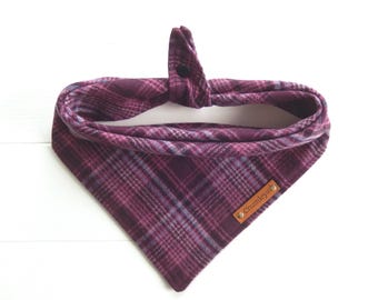 Fall Dog Bandana, Cranberry Plaid Flannel Dog Scarf, Tie & Snap, Puppy Gift