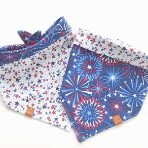 Patriotic Reversible Dog Bandana - 4th of July Dog Scarf - Tie & Snap Dog Bandana - American Flag Bandana - Dog Gift - Firework Dog Bandana