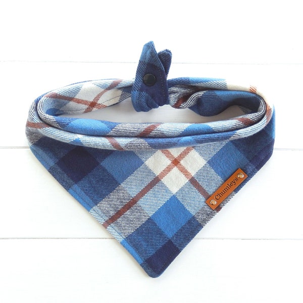 Dog Bandana - Blue Dog Bandana - Flannel Dog Bandana - Blue Plaid Dog Bandana - Tie & Snap Bandana -  Male Bandana - Blue Rust White