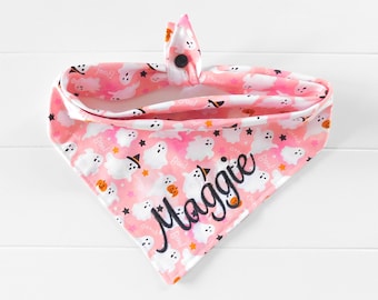 Personalized Pink Ghost Dog Bandana: Embroidered, Tie & Snap, Halloween