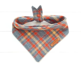 Fall Dog Bandana Orange Gray Plaid Dog Bandana Flannel Tie & Snap Bandana  Autumn Plaid Bandana Puppy Bandana