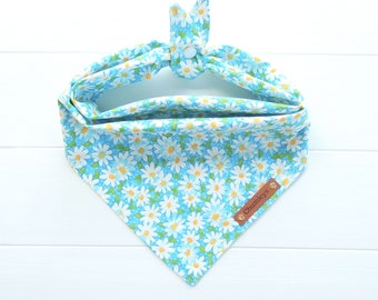 Teal Daisy Floral Dog Bandana: Tie & Snap Cotton Bandana