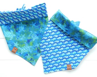 Reversible Sea Turtle Dog Bandana: Turquoise Cotton Tie & Snap Scarf, Sea Horse