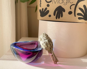 Incense set purple blue glass bowl with Palo Santo as gift box