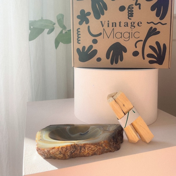 Incense set polished agate achale with Palo Santo as gift box