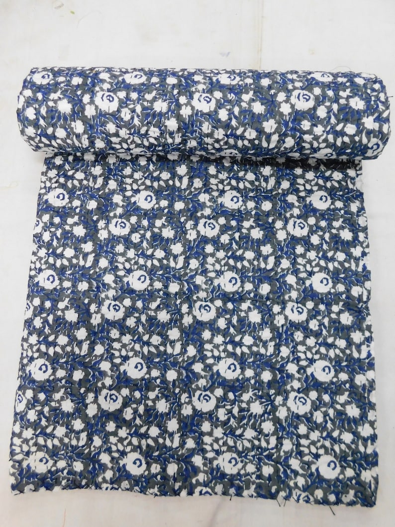 Hand Block Print Queen Size Kantha Quilt reversible Sari Throw Blanket Floral Print Queen Size Ralli Gudri Bed Spread Bedding Sheet