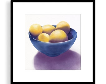 Framed Lemon Print, Watercolor Lemon Painting,  Fine Art Yellow and Purple Fruit Print with Mat and Frame