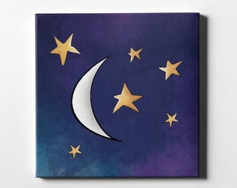 Moon And Stars Canvas Wall Art. Celestial Watercolor Painting. Gallery Wrap Canvas In Multiple Sizes.