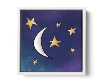 Moon And Stars Watercolor Painting, Moon Watercolor, Celestial Framed Canvas, Moon Print