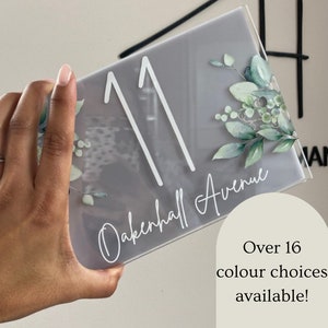 Personalised Acrylic House Number Sign – Modern Eucalyptus Door Plaque – Custom Address Gift