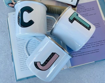 Initial personalised cup, metal camping mug, initial mug, tin mug
